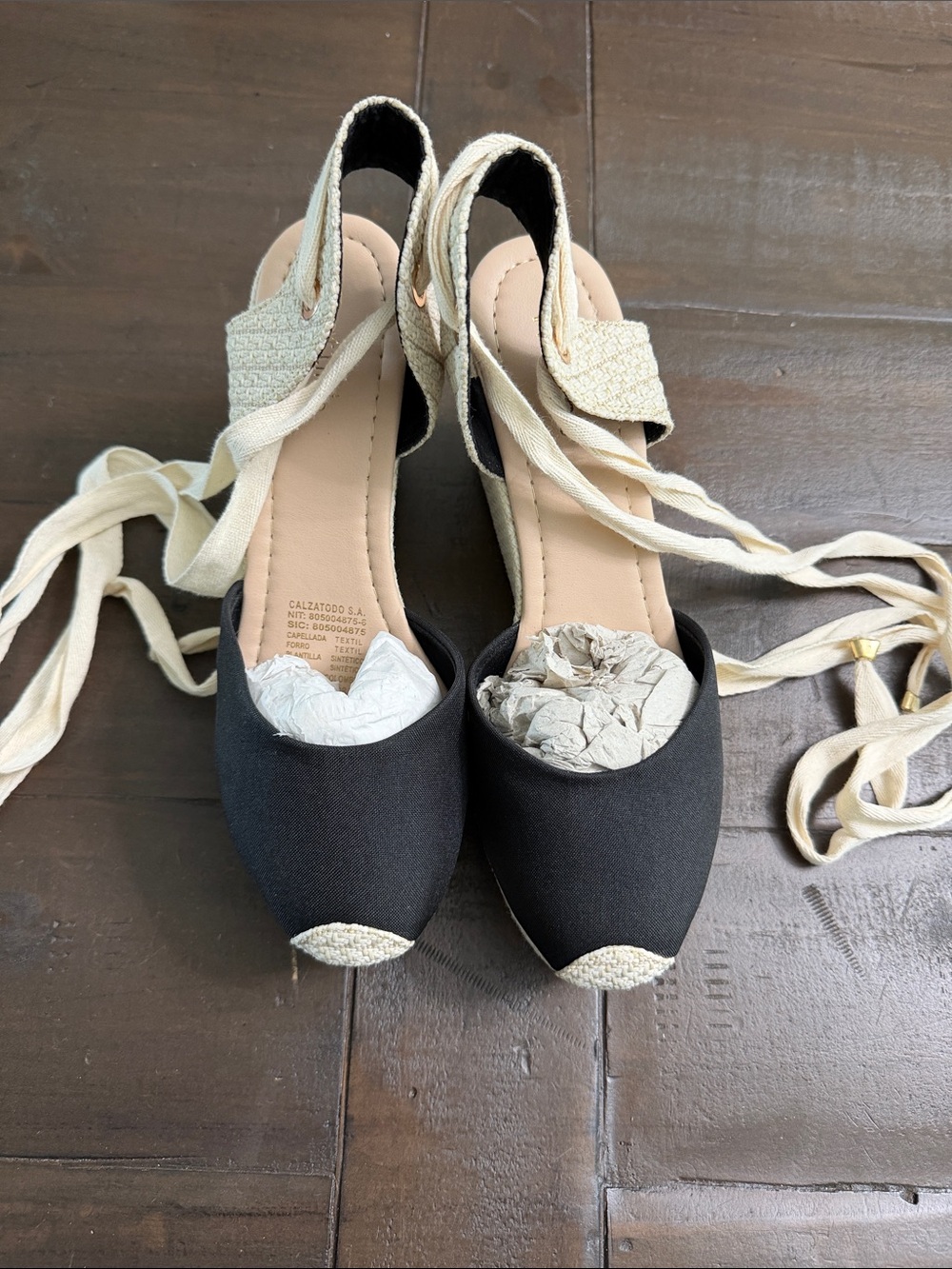 Black and Cream Tie Ankle Espadrille Flats - Women's Shoes